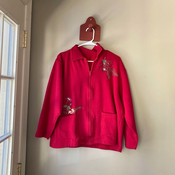 Vintage Red Floral Hand Embroidered Full Zip Fleece Jacket - Picture 1 of 7